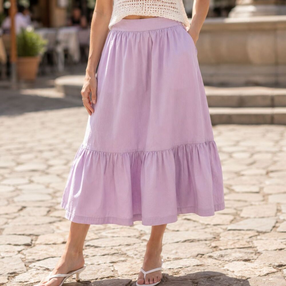 A New Day Lilac Purple Cotton Midi Skirt M A-Line Elastic Waist Ruffle Pockets